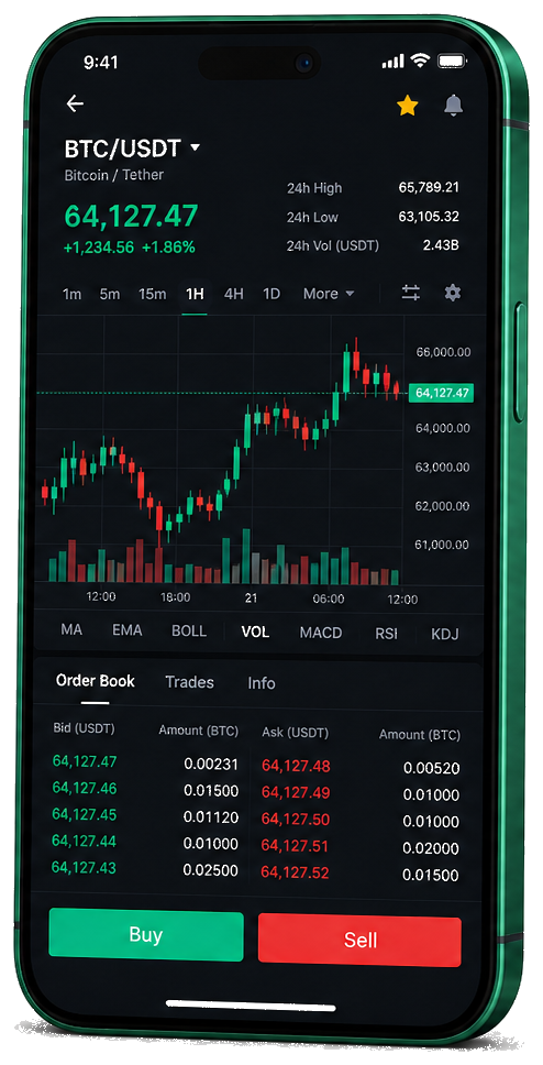 Xylvax Prime mobile trading application — live BTC/USDT chart, order book and buy/sell controls